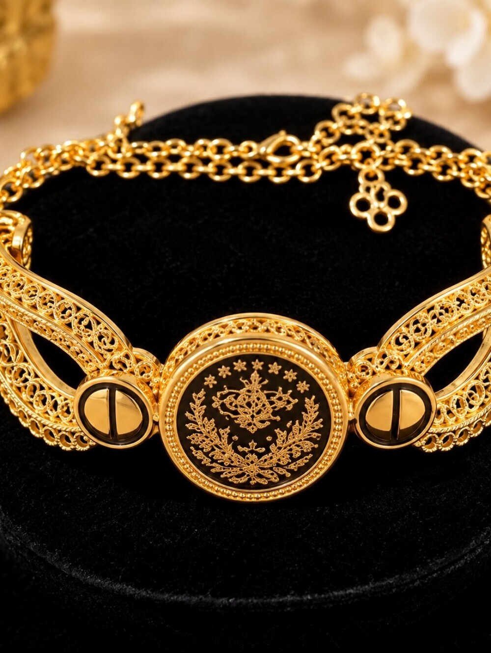 22K Gold Plated  Dubai Gold Filigree Medallion Bracelet Necklace - Women Jewelry